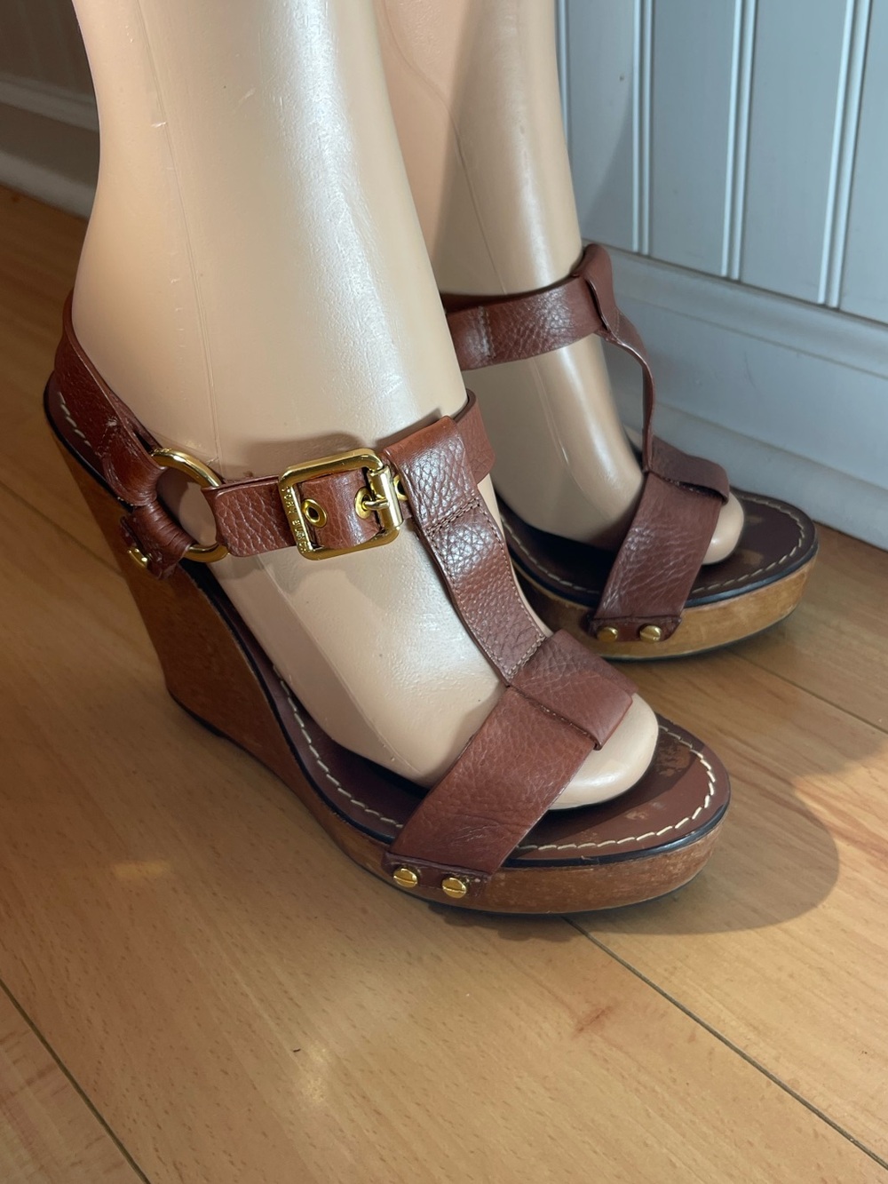 Tory Burch Brown Genuine Leather Platform Wedge Sandals